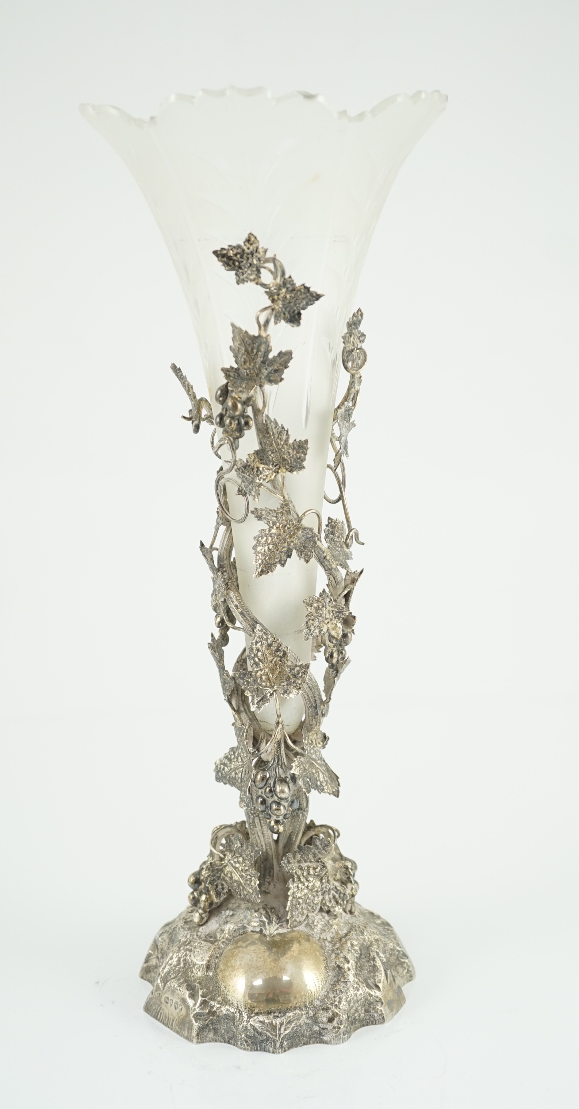 A late Victorian silver centrepiece, with frosted glass trumpet shaped insert, by Cornelius Joshua Vander